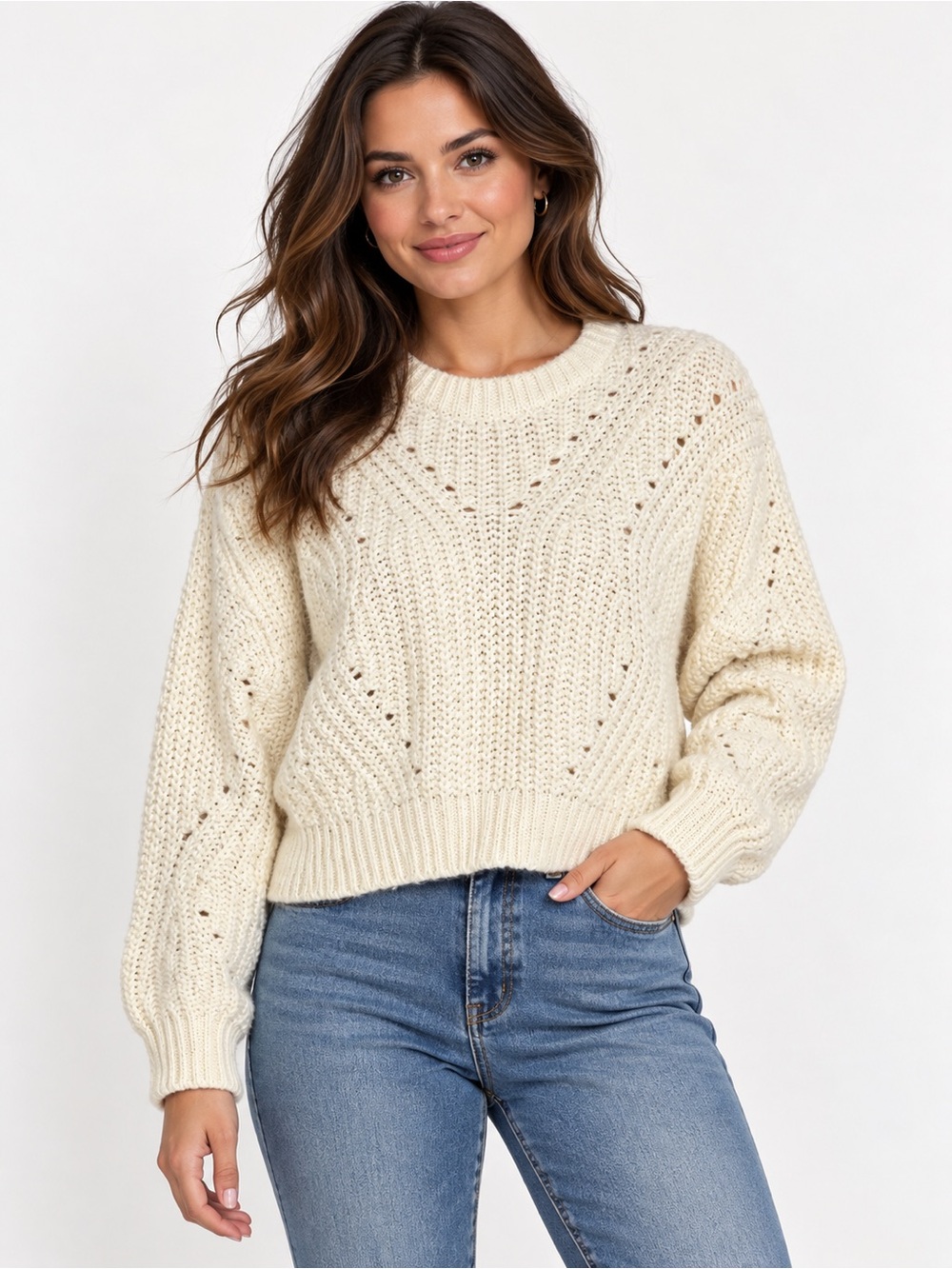 Kendall & Kylie Cream Open Knit Cropped Sweater Size Small